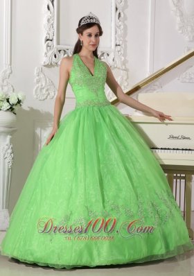 Spring Green Taffeta Organza Halter Sweet 16 Dress