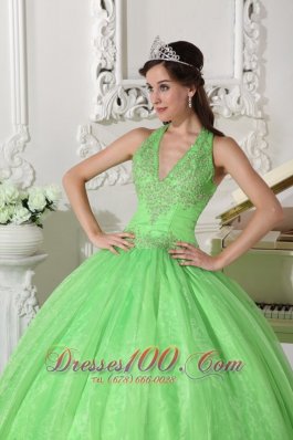 Spring Green Taffeta Organza Halter Sweet 16 Dress