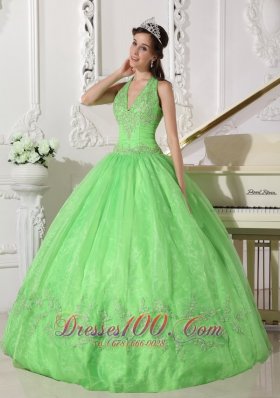 Spring Green Taffeta Organza Halter Sweet 16 Dress