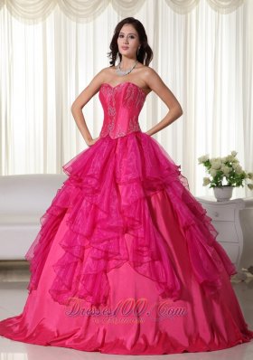 Hot Pink Sweetheart Organza Embroidery Quinceanera Dress