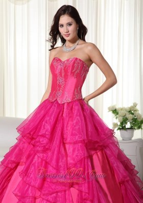 Hot Pink Sweetheart Organza Embroidery Quinceanera Dress