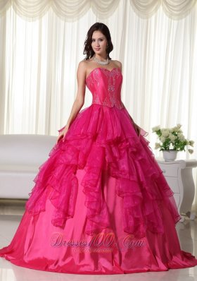 Hot Pink Sweetheart Organza Embroidery Quinceanera Dress