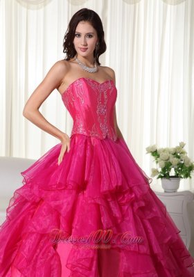 Hot Pink Sweetheart Organza Embroidery Quinceanera Dress