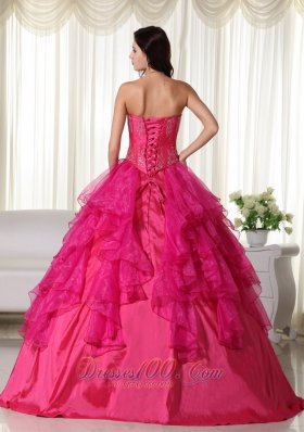 Hot Pink Sweetheart Organza Embroidery Quinceanera Dress