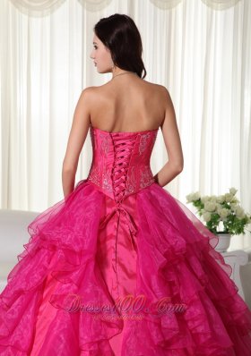 Hot Pink Sweetheart Organza Embroidery Quinceanera Dress