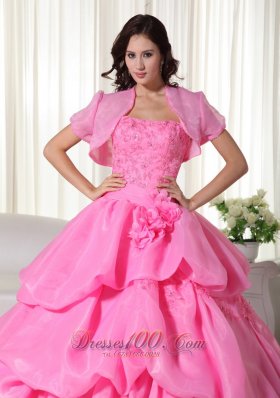 Rose Pink Strapless Beading Hand Flowers Quinceanera Dress