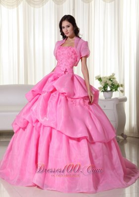 Rose Pink Strapless Beading Hand Flowers Quinceanera Dress