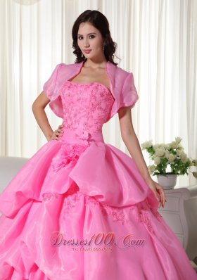 Rose Pink Strapless Beading Hand Flowers Quinceanera Dress