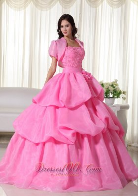 Rose Pink Strapless Beading Hand Flowers Quinceanera Dress