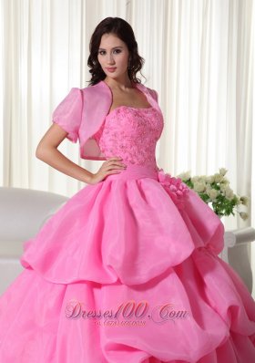 Rose Pink Strapless Beading Hand Flowers Quinceanera Dress