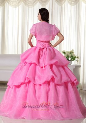 Rose Pink Strapless Beading Hand Flowers Quinceanera Dress