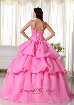 Rose Pink Strapless Beading Hand Flowers Quinceanera Dress