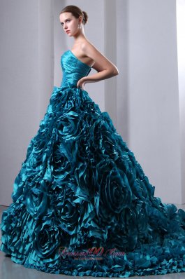 2013 Teal Ruch Hand Flowers Brush Train Sweet 16 Dress