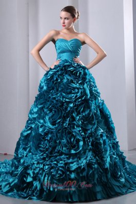 2013 Teal Ruch Hand Flowers Brush Train Sweet 16 Dress