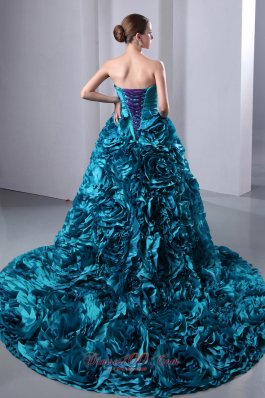 2013 Teal Ruch Hand Flowers Brush Train Sweet 16 Dress