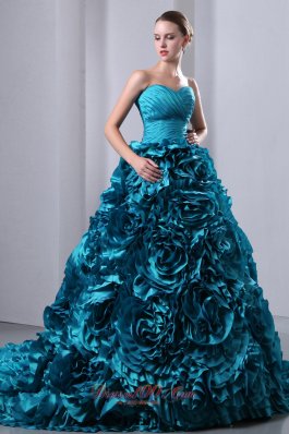 2013 Teal Ruch Hand Flowers Brush Train Sweet 16 Dress