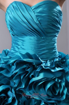 2013 Teal Ruch Hand Flowers Brush Train Sweet 16 Dress