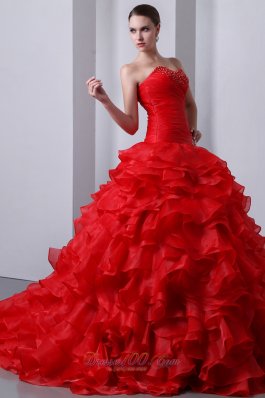 Red Beading Ruffles Brush Train Sweet 16 Dress