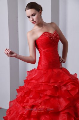 Red Beading Ruffles Brush Train Sweet 16 Dress