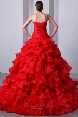 Red Beading Ruffles Brush Train Sweet 16 Dress