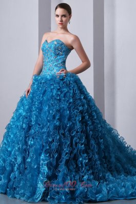 Blue Beading Ruffles Brush Train A-Line Quinceanera Dress