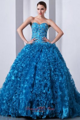 Blue Beading Ruffles Brush Train A-Line Quinceanera Dress