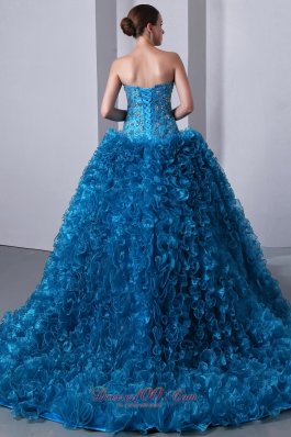 Blue Beading Ruffles Brush Train A-Line Quinceanera Dress