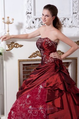 Wine Red Taffeta Organza Embroidery Quinceanera Dress