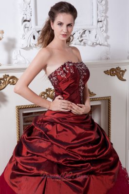 Wine Red Taffeta Organza Embroidery Quinceanera Dress