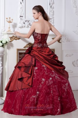 Wine Red Taffeta Organza Embroidery Quinceanera Dress