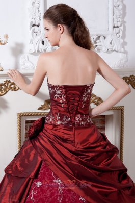 Wine Red Taffeta Organza Embroidery Quinceanera Dress