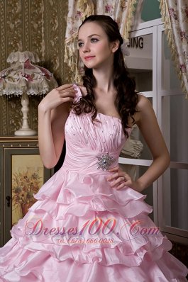 Baby Pink One Shoulder Ruffled Layers Quinceanera Dress