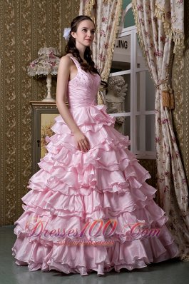 Baby Pink One Shoulder Ruffled Layers Quinceanera Dress