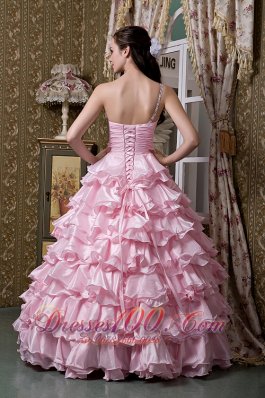 Baby Pink One Shoulder Ruffled Layers Quinceanera Dress