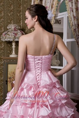 Baby Pink One Shoulder Ruffled Layers Quinceanera Dress