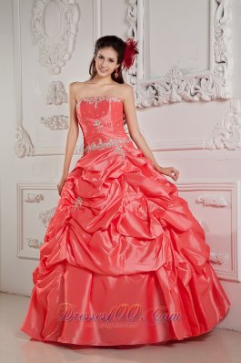 Watermelon Red Bead Pick-ups Strapless Quinceanera Dress
