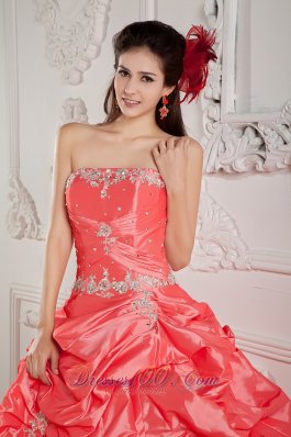 Watermelon Red Bead Pick-ups Strapless Quinceanera Dress