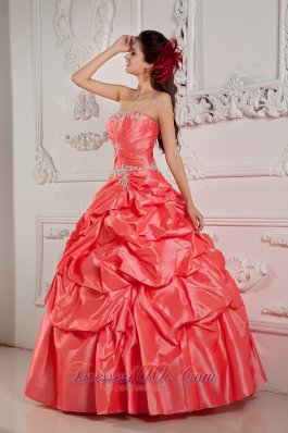 Watermelon Red Bead Pick-ups Strapless Quinceanera Dress