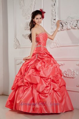 Watermelon Red Bead Pick-ups Strapless Quinceanera Dress