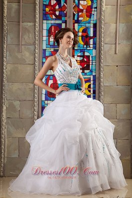 White Halter Bead Blue Sash Quinceanea Dress for Sweet 16