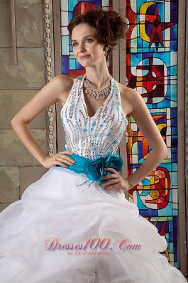 White Halter Bead Blue Sash Quinceanea Dress for Sweet 16