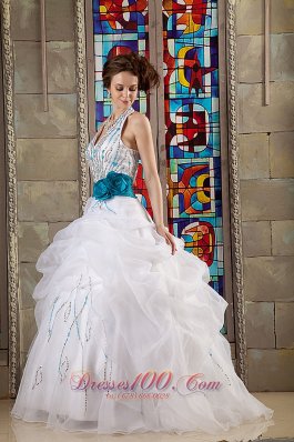 White Halter Bead Blue Sash Quinceanea Dress for Sweet 16