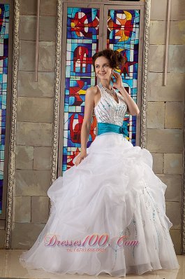 White Halter Bead Blue Sash Quinceanea Dress for Sweet 16