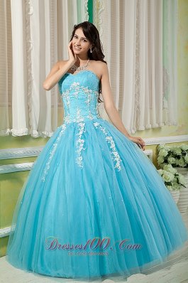 Cheap Aqua Appliques Quinceanea Dress Floor-length