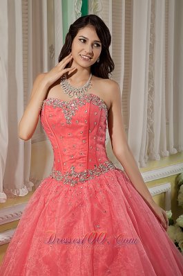 Watermelon Beading Floor-length Quinceanera Dress