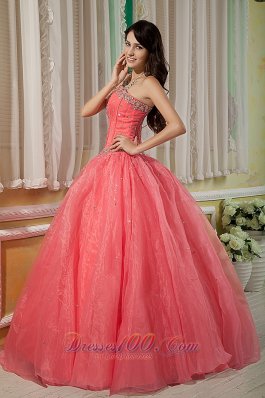 Watermelon Beading Floor-length Quinceanera Dress