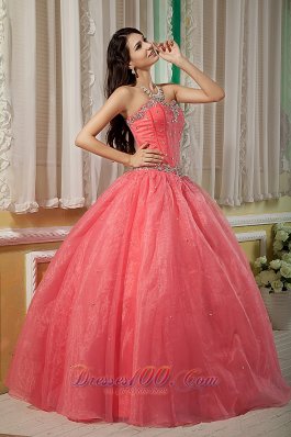 Watermelon Beading Floor-length Quinceanera Dress