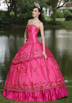 Hot Pink Hand Flowers Taffeta Strapless Quinceanea Dress