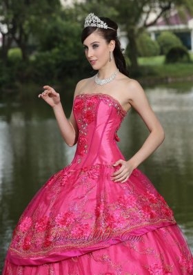 Hot Pink Hand Flowers Taffeta Strapless Quinceanea Dress