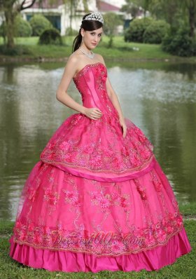 Hot Pink Hand Flowers Taffeta Strapless Quinceanea Dress